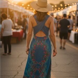 Angie Teal Floral Backless Maxi Dress with Cross Straps